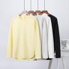 Camiseta de punto de manga larga para mujer, diseño de cuello redondo, primavera japonesa, frontal curvo, espalda corta, color liso, versátil, 2024