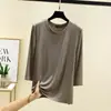 Camiseta Feminina de Modal Fina para Primavera e Outono Tamanho Grande Solta e Versátil Gola Semi-Circular Mangas 3/4 Cor Lisa Roupa Íntima Pode Ser Usada por Fora