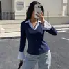Bai Fen Zhi YiTEMU Transfronterizo 2026 Nuevo Estilo Coreano Simple Cuello Solapa Falso Dos Piezas Patchwork Manga Larga Top