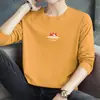 Camiseta Branca 100% Algodão Masculina Manga Longa Gola Redonda Camiseta de Algodão para Camada Inferior Camiseta Básica Tendência com Estampa de Letra da Marca