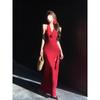 Estilo Chica Caliente Francesa Vestido Rojo Halter de Verano Chic para Mujer Vestido Largo con Abertura y Flor Tridimensional