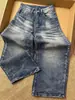 Jeans de Pierna Ancha Curva Retro Americano Lavado High Street para Mujer Otoño Junta de Bambú Sueltos Adelgazantes Versátiles Pantalones de Pierna Ancha de Longitud Completa