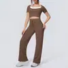 Conjunto de Duas Peças Liso Transfronteiriço com Design de Alta Elasticidade com Sensação de Pele, Conjunto de Roupa de Yoga para Esportes, Corrida e Fitness, Conjunto de Duas Peças de Manga Curta para Mulheres