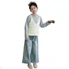 Conjunto para Meninas Primavera 2026 Nova Roupa Infantil Início da Primavera Estilo Coreano Conjunto Outono e Primavera Colete de Tricô Calça Reta Jeans
