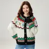 Suéter de Cashmere Jacquard Fair Isle com Gola Redonda para Mulheres Cardigã de Tricô Estilo Natalino Suéter Casaco de Manga Longa Bloco de Cores Retrô