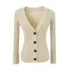 Cardigan de Tricô de Gola V Cor de Café de Alta Qualidade Francês para Mulheres, Primavera Retro Americano Ajustado Valorizador Manga Longa Camada Superior
