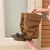 Botas Empilháveis Vintage 2026 Novas e Cool com Aumento de Altura de 5cm em Pele de Ovelha para Mulheres, Sandálias de Tira Única Nicho com Biqueira Aberta, Botas Calça