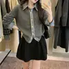 Suéter casual de malha com color-blocking estilo francês 2026 outono/inverno, com retalhos em jeans, imitando duas peças, cardigã elegante com gola virada para mulheres