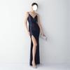 Escote Profundo en V, Espalda Descubierta, Adornado con Cadena, Brillante Vestido Largo de Noche para Mujer, Corte Entallado, Elegante Vestido de Sirena para Sociales