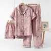 Distribuído e enviado em nome de terceiros: roupa de casa feminina em crepe de algodão puro, novo estilo primavera/verão, shorts de manga curta com gola e calças compridas, pijamas de modelagem solta