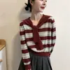Nuevo Top de Punto Casual Raya Fina con Cuello Chal Falso de Dos Piezas Azul Marino Suéter de Manga Larga Adelgazante A14637