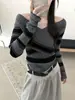 26 Nuevo Estilo de Otoño Top, Estilo Coreano, Rayado, Cuello en V Cruzado, Exponiendo Clavícula, Ceñido a la Cintura, Manga Larga, Suéter de Punto Adelgazante para Mujer