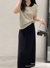 Suéter de Punto de Solapa Casual Elegante de Estilo Coreano Nuevo de Verano 2024 a Rayas en Contraste de Color Suelto de Manga Corta Top Combinable para Mujer