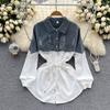 Estilo Maduro Leve Transfronteiriço Roupa Feminina de Verão de Manga Longa Camisa de Alta Qualidade com Costura Jeans e Cor Contrastante Cinto na Cintura e Saia Curta