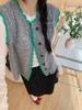 Chaleco de Punto Cardigan Elegante Estilo Coreano Cuello Redondo Color de Contraste Borde Ondulado para Mujer Primavera Suave Cera Apilado Sin Mangas