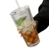 Vaso de Vidrio Transparente con Rayas Verticales Estilo Ins, Vaso Doméstico de Gran Capacidad con Popote, Alto Valor Estético, Adecuado para Bebidas Frías, Jugos y Café