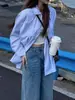 Camisa Listrada Azul Estilo Francês para Mulheres 2025 Nova Versão Coreana Petite Solta Preguiçosa Proteção Solar Top