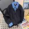 Moletom casual versátil masculino para outono e inverno, estilo coreano, pesado, com meia-ziper, lapela simples e mangas compridas