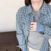 Camisa Xadrez Azul Cinza Lixada Bordada com Letra Início da Primavera Verão Proteção Solar Casual Versátil Top Jaqueta Camisa Feminina