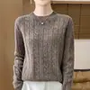 Suéter de lã 100% espesso com bolinhas coloridas e design de padrão torcido, suéter base de tricô simples com gola redonda para mulheres