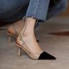 Sandalias de punta puntiaguda estilo francés para mujer, novedad de verano 2022, con hebilla, tacón fino y bloque de color, tacones altos y bajos.