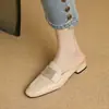 Pantuflas de Media Punta de Piel de Oveja Estilo Francés de Gama Alta para Mujer Sandalias Planas de Punta Cuadrada para Exteriores de Verano Zapatos Muller Zapatos de Media Punta