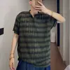 Camiseta polo masculina de verão fina e respirável, malha verde vazada, manga curta, gola lapela rasgada, estilo americano descontraído