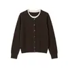26 Cardigan de Tricô Falso de Lã Outono/Inverno para Mulheres, Suéter de Gola Redonda de Cor Contrastante de Alta Qualidade, Caimento Solto, Emagrecedor e Versátil