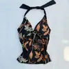Camisola sexy de corte ajustado con estampado floral estilo americano y cuello halter para mujer, top sin mangas estilo ins de verano