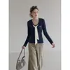LiLvi Azul Marino Falso Dos Piezas Cuello Marino Manga Larga Camisa Base Otoño Cuello Redondo Corbata Ajustado Top Interior para Mujer