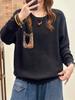 Suéter de Bolsillo Estampado de Moda para Mujer 2025 Otoño Nuevo Tejido de Algodón Suelto Versátil Cuello Redondo Suéter Pulóver