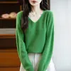 Suéter pullover sin costuras de cuello en V con rayas horizontales integradas, estilo casual, jacquard, lana pura, tejido para mujer 10