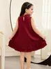 Vestido de Verão para Meninas Cor Vinho Laço Pérola Bainha de Renda Dupla Camada Vestido Roupas Infantis Transfronteiriças