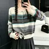 Suéter cárdigan de punto con rayas de color contrastante y cuello redondo para mujer 2026 Otoño Invierno Nueva Moda Elegante Manga Larga Prendas de punto Ropa exterior Superior