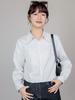 Foto Real Nova Camisa Listrada de Primavera Feminina Trabalho Commuter Algodão Solta Retrô Estilo Hong Kong Top Listrado Vertical