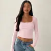 Ropa para Mujer Europea y Americana 2026 Nuevo Top Corto de Color Sólido con Lazo y Encaje Camiseta Moda Versátil Top de Manga Larga Ajustado para Mujer