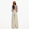 Jeans para Mujer Holgados de Pierna Ancha Plisados Retro Puro Algodón Largo Hasta el Suelo Color Té con Leche Pantalones Largos Color Té con Leche Extendido Yi Chun