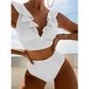Roupa de Banho Europeia e Americana Multicor com Babados Decote em V Biquíni Sexy Cor Sólida Cintura Alta Maiô com Fenda Férias na Praia Feminino