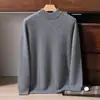 Suéter masculino de tricô com gola alta e mangas compridas, espessado, caimento solto, cor sólida, casual de negócios, cinza com detalhes em cor camelo