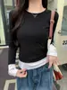 Camiseta de Manga Larga Ajustada con Cuello Redondo Otoño 2024 para Mujer Diseño Falso de Dos Piezas Color Chic de Nicho Estilo Casual Versátil