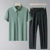 Conjunto Masculino de Verão Novo Estilo para Meia-Idade e Idosos: Camisa Polo de Seda Gelada, Calça Longa de Seda Gelada de Nylon de Manga Curta, Calça de Corte Reto, Conjunto de Roupa para Pai