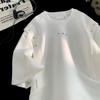 Roupas da estação da marca da moda, design americano pesado, senso falso, duas peças, meia manga, solta, manga curta, camiseta masculina, nicho de verão, costura