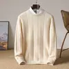 Suéter de cashmere tricotado para outono e inverno, pulôver espesso, corte solto, masculino autêntico de negócios com gola redonda, nova lã de cor sólida