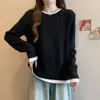 Blusa Feminina Derong de Manga Longa, Falsa Peça Dupla com Gola Dupla em Retalhos, Nova para Outono e Inverno, Solta e Emagrecimento
