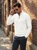 Suéter de malha masculino listrado com textura waffle para primavera e outono, de manga comprida, com meio zíper e gola alta, estilo sweatshirt americano