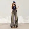 Jeans Rasgados Retro Americanos Desgastados para Mujer, Nuevo Diseño Otoño 2026, Pantalones de Pierna Ancha con Solapa a Cuadros