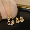 Collar y Pendientes de Calabaza de Osmanthus Dorado Estilo Chino Chapados en Oro Incrustados con Diamantes para Mujer, Cadena para Clavícula de Lujo Ligero Vintage de Gama Alta