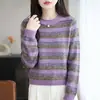 Suéter de Punto a Rayas Retro Color Block para Mujer Cuello Redondo Manga Larga Holgado Suéter Otoño Invierno Versátil Casual Top Básico