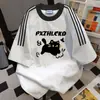 Camiseta Retro Americana Tendência Nacional Manga Curta Unissex Estampa de Letra com Três Listras Verão Novo Top Solto Ins