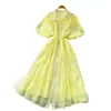 Temperamento Gentil Estilo Francés, Cuello Camisero, Mangas de Linterna, Cintura con Lazo, Vestido de Botones Sencillos para Mujer, Vestido Largo Super Hada Adelgazante